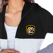 COLORADO TIGERS INSIGNIA WOMEN'S LIGHTWEIGHT LONG SLEEVE HOODED CARDIGAN WITH OPEN FRONT AND BOLD COLORBLOCK DETAIL