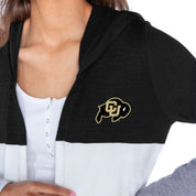 COLORADO BUFFALOES INSIGNIA WOMEN'S LIGHTWEIGHT LONG SLEEVE HOODED CARDIGAN WITH OPEN FRONT AND BOLD COLORBLOCK DETAIL
