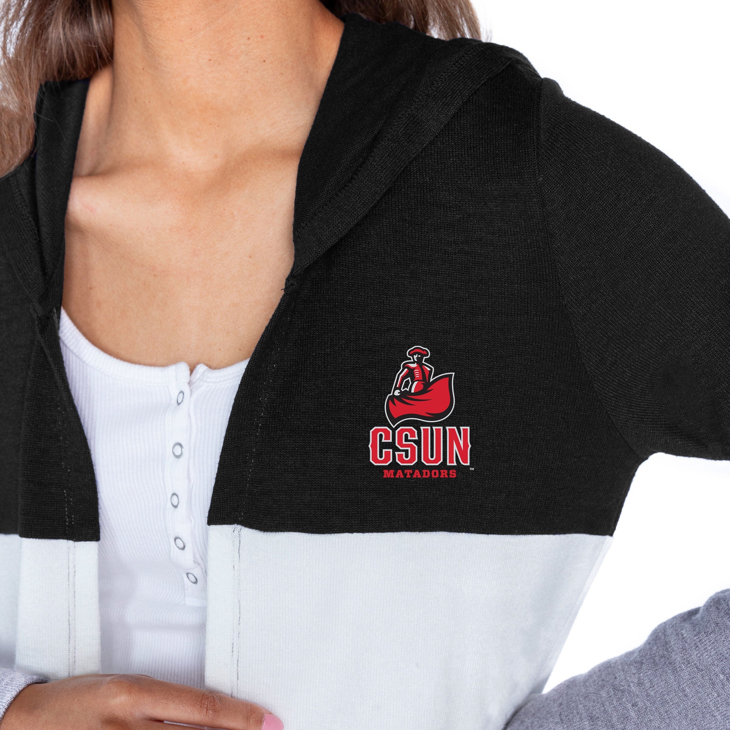 CAL STATE NORTHRIDGE MATADORS INSIGNIA WOMEN'S LIGHTWEIGHT LONG SLEEVE HOODED CARDIGAN WITH OPEN FRONT AND BOLD COLORBLOCK DETAIL