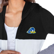 DELAWARE BLUE HENS INSIGNIA WOMEN'S LIGHTWEIGHT LONG SLEEVE HOODED CARDIGAN WITH OPEN FRONT AND BOLD COLORBLOCK DETAIL