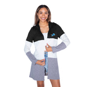 Detroit Lions Blue Logo Close-Up on Black Colorblock Hooded Cardigan - Logo Detail | Gameday Couture - SOHO
