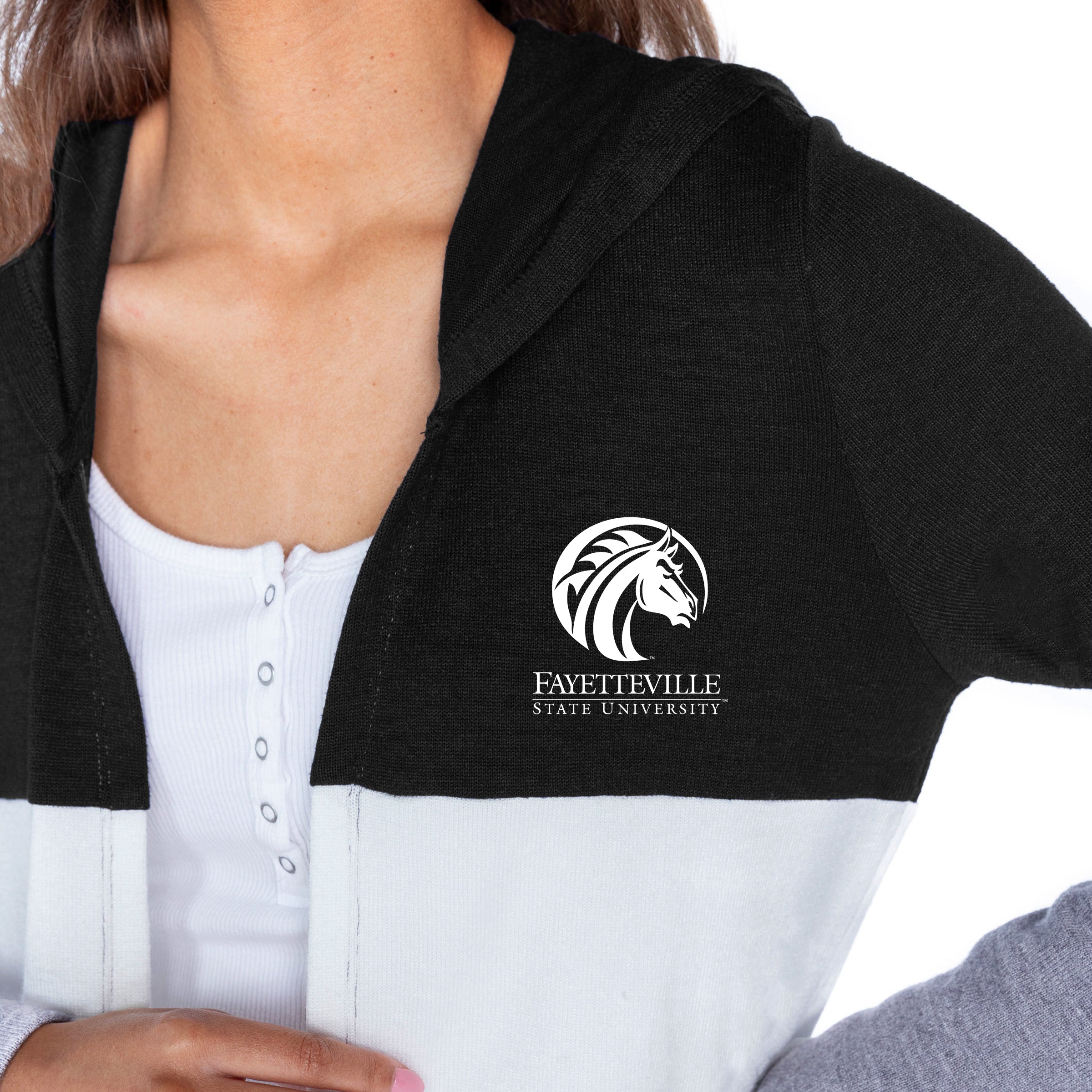 FAYETTEVILLE STATE BRONCOS INSIGNIA WOMEN'S LIGHTWEIGHT LONG SLEEVE HOODED CARDIGAN WITH OPEN FRONT AND BOLD COLORBLOCK DETAIL