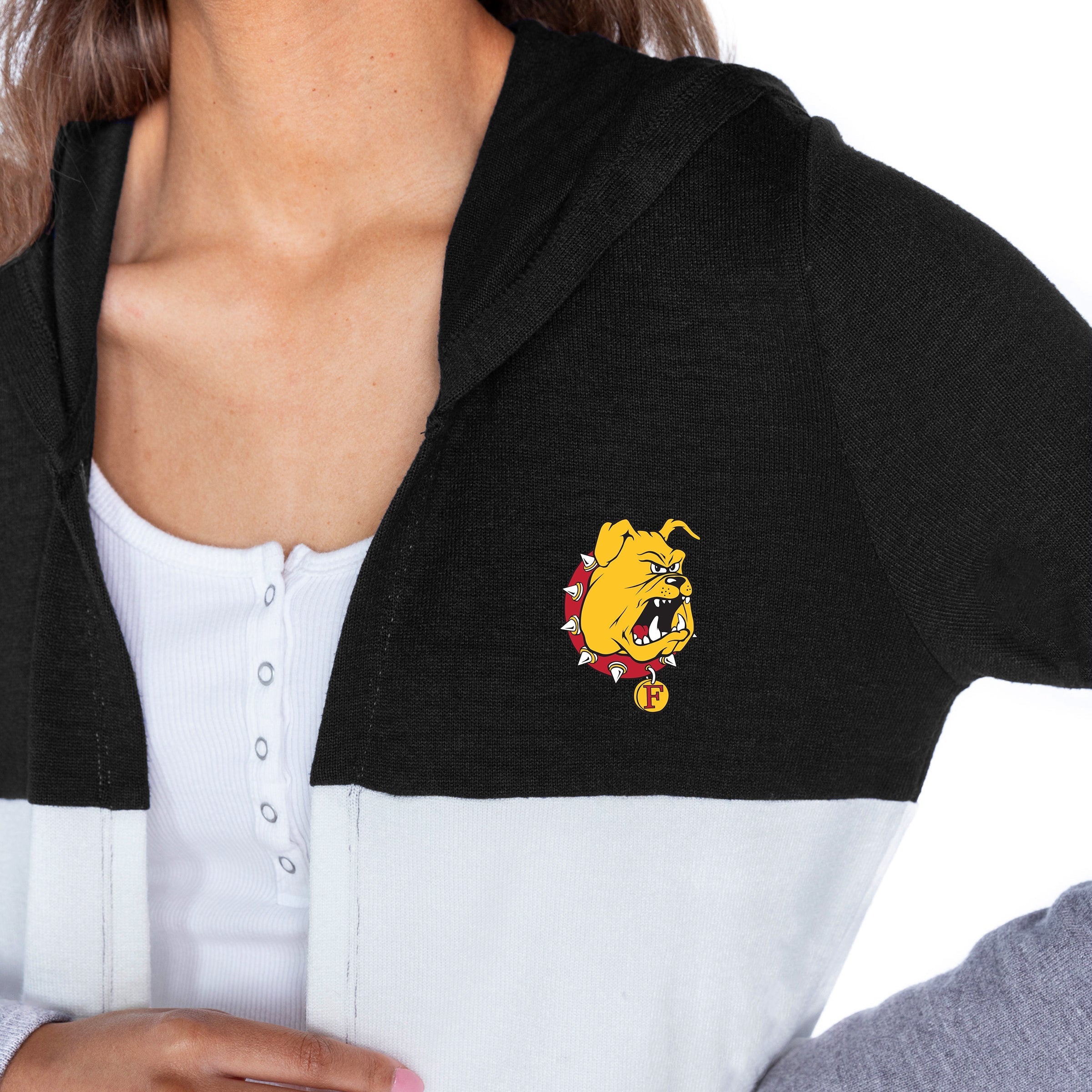 FERRIS STATE BULLDOGS INSIGNIA WOMEN'S LIGHTWEIGHT LONG SLEEVE HOODED CARDIGAN WITH OPEN FRONT AND BOLD COLORBLOCK DETAIL