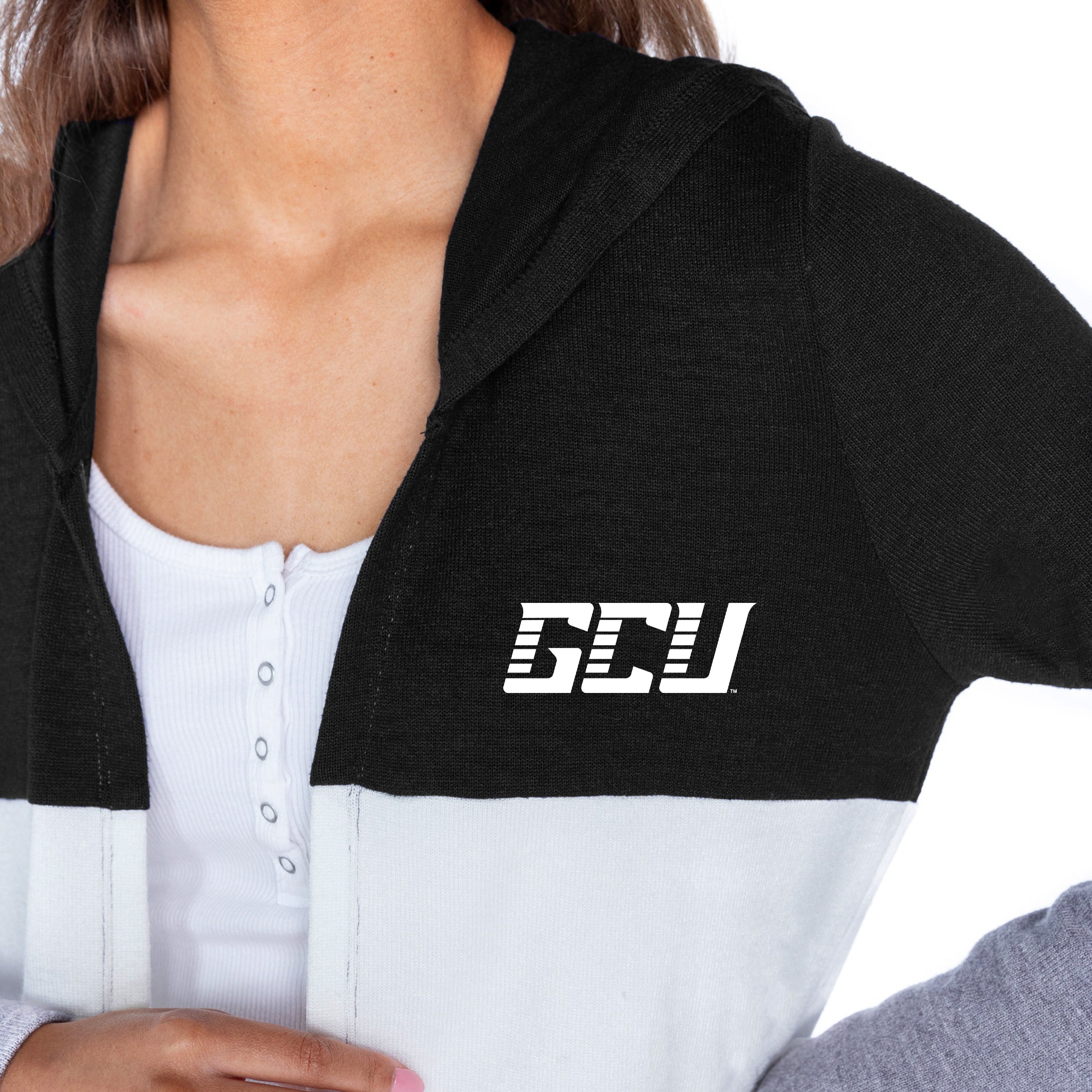 GRAND CANYON ANTELOPES INSIGNIA WOMEN'S LIGHTWEIGHT LONG SLEEVE HOODED CARDIGAN WITH OPEN FRONT AND BOLD COLORBLOCK DETAIL