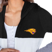 NORTHERN IOWA PANTHERS INSIGNIA WOMEN'S LIGHTWEIGHT LONG SLEEVE HOODED CARDIGAN WITH OPEN FRONT AND BOLD COLORBLOCK DETAIL