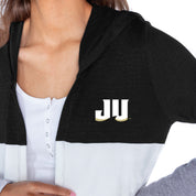 JACKSONVILLE DOLPHINS INSIGNIA WOMEN'S LIGHTWEIGHT LONG SLEEVE HOODED CARDIGAN WITH OPEN FRONT AND BOLD COLORBLOCK DETAIL
