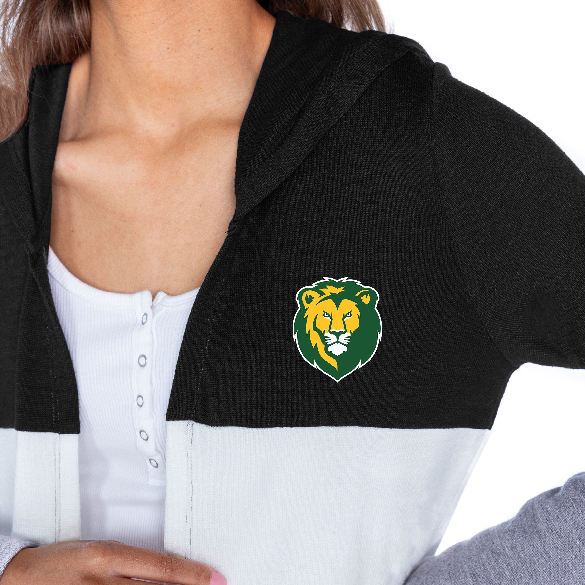 SOUTHEASTERN LOUISIANA LIONS INSIGNIA WOMEN'S LIGHTWEIGHT LONG SLEEVE HOODED CARDIGAN WITH OPEN FRONT AND BOLD COLORBLOCK DETAIL