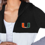 MIAMI HURRICANES INSIGNIA WOMEN'S LIGHTWEIGHT LONG SLEEVE HOODED CARDIGAN WITH OPEN FRONT AND BOLD COLORBLOCK DETAIL