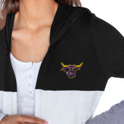 MINNESOTA STATE MANKATO MAVERICKS INSIGNIA WOMEN'S LIGHTWEIGHT LONG SLEEVE HOODED CARDIGAN WITH OPEN FRONT AND BOLD COLORBLOCK DETAIL
