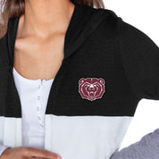 MISSOURI STATE BEARS INSIGNIA WOMEN'S LIGHTWEIGHT LONG SLEEVE HOODED CARDIGAN WITH OPEN FRONT AND BOLD COLORBLOCK DETAIL