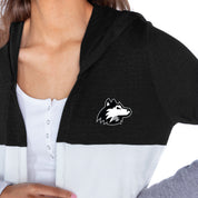 NORTHERN ILLINOIS HUSKIES INSIGNIA WOMEN'S LIGHTWEIGHT LONG SLEEVE HOODED CARDIGAN WITH OPEN FRONT AND BOLD COLORBLOCK DETAIL