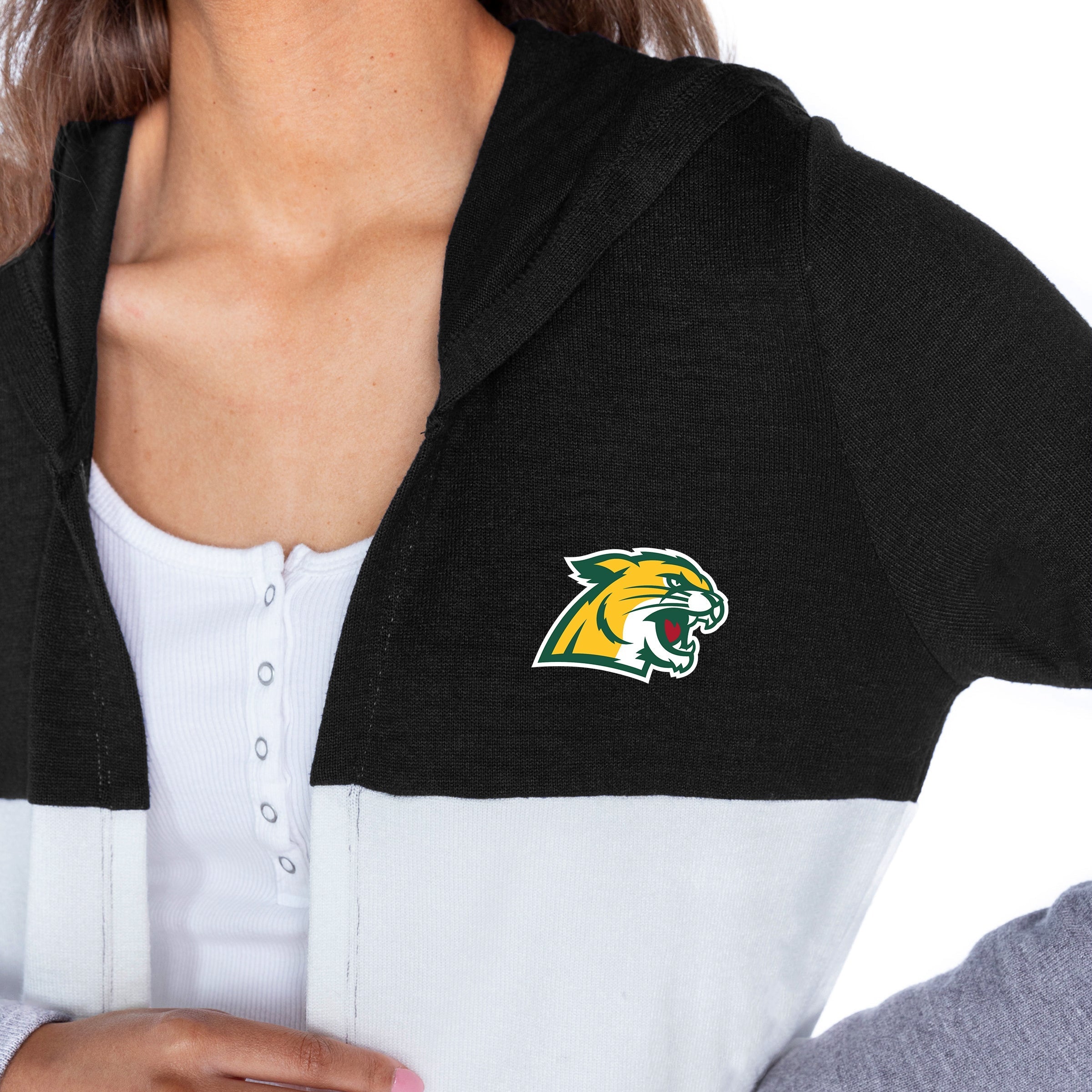 NORTHERN MICHIGAN WILDCATS INSIGNIA WOMEN'S LIGHTWEIGHT LONG SLEEVE HOODED CARDIGAN WITH OPEN FRONT AND BOLD COLORBLOCK DETAIL