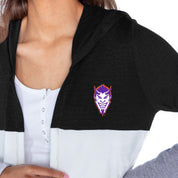 NORTHWESTERN STATE DEMONS INSIGNIA WOMEN'S LIGHTWEIGHT LONG SLEEVE HOODED CARDIGAN WITH OPEN FRONT AND BOLD COLORBLOCK DETAIL