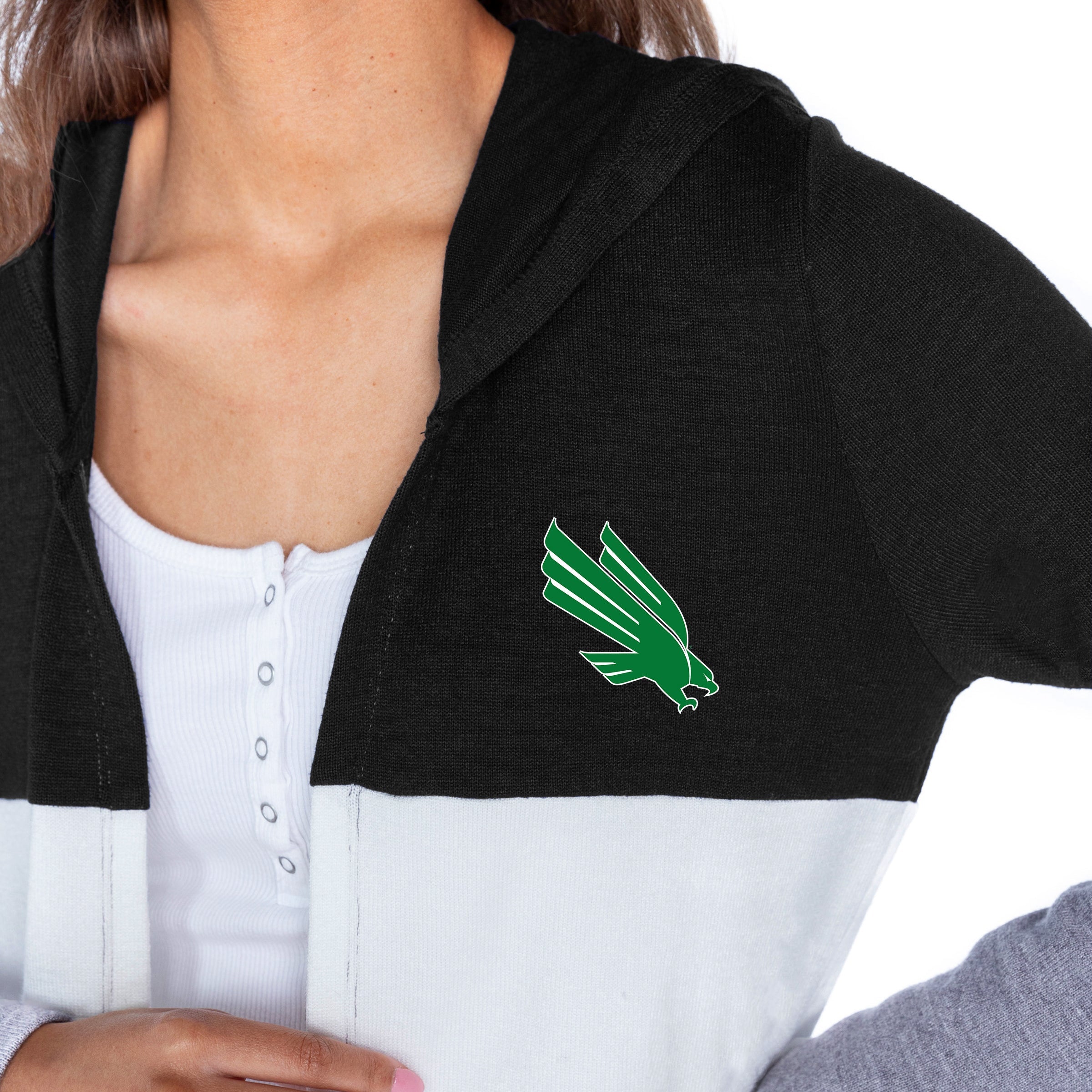NORTH TEXAS MEAN GREEN INSIGNIA WOMEN'S LIGHTWEIGHT LONG SLEEVE HOODED CARDIGAN WITH OPEN FRONT AND BOLD COLORBLOCK DETAIL