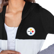 PITTSBURGH STEELERS INSIGNIA WOMEN'S LIGHTWEIGHT LONG SLEEVE HOODED CARDIGAN WITH OPEN FRONT AND BOLD COLORBLOCK DETAIL