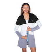 PROVIDENCE FRIARS INSIGNIA WOMEN'S LIGHTWEIGHT LONG SLEEVE HOODED CARDIGAN WITH OPEN FRONT AND BOLD COLORBLOCK DETAIL