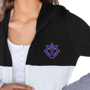 PORTLAND PILOTS INSIGNIA WOMEN'S LIGHTWEIGHT LONG SLEEVE HOODED CARDIGAN WITH OPEN FRONT AND BOLD COLORBLOCK DETAIL