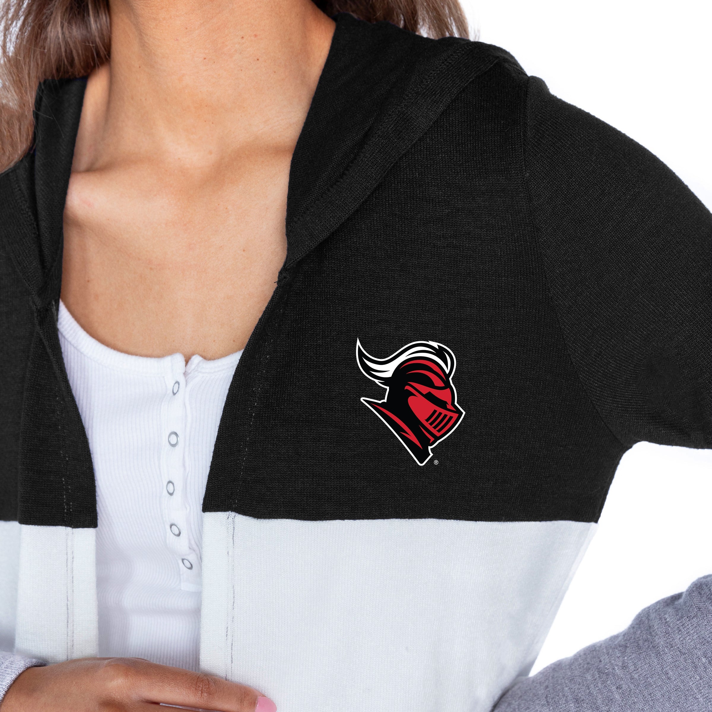RUTGERS SCARLET KNIGHTS INSIGNIA WOMEN'S LIGHTWEIGHT LONG SLEEVE HOODED CARDIGAN WITH OPEN FRONT AND BOLD COLORBLOCK DETAIL