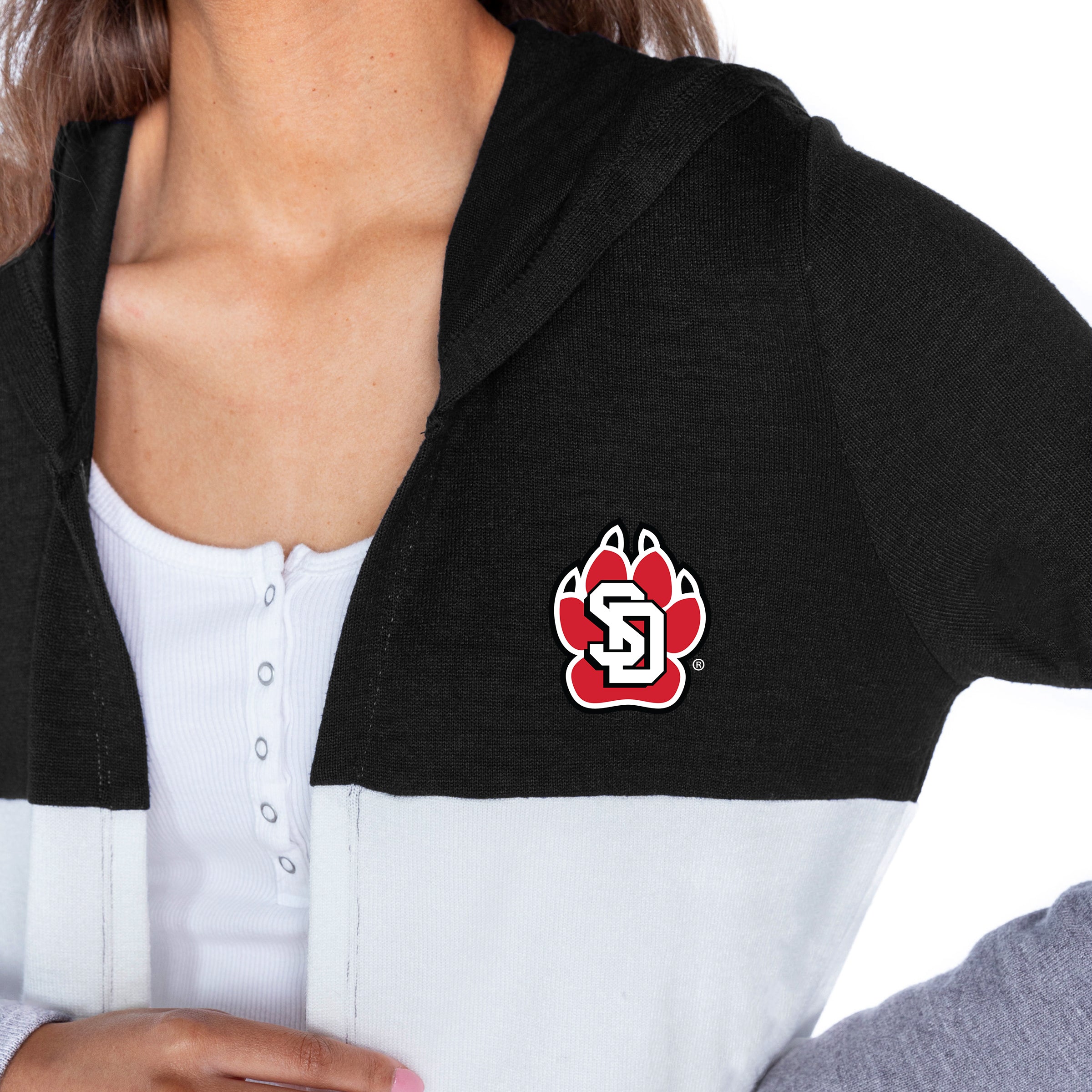 SOUTH DAKOTA COYOTES INSIGNIA WOMEN'S LIGHTWEIGHT LONG SLEEVE HOODED CARDIGAN WITH OPEN FRONT AND BOLD COLORBLOCK DETAIL