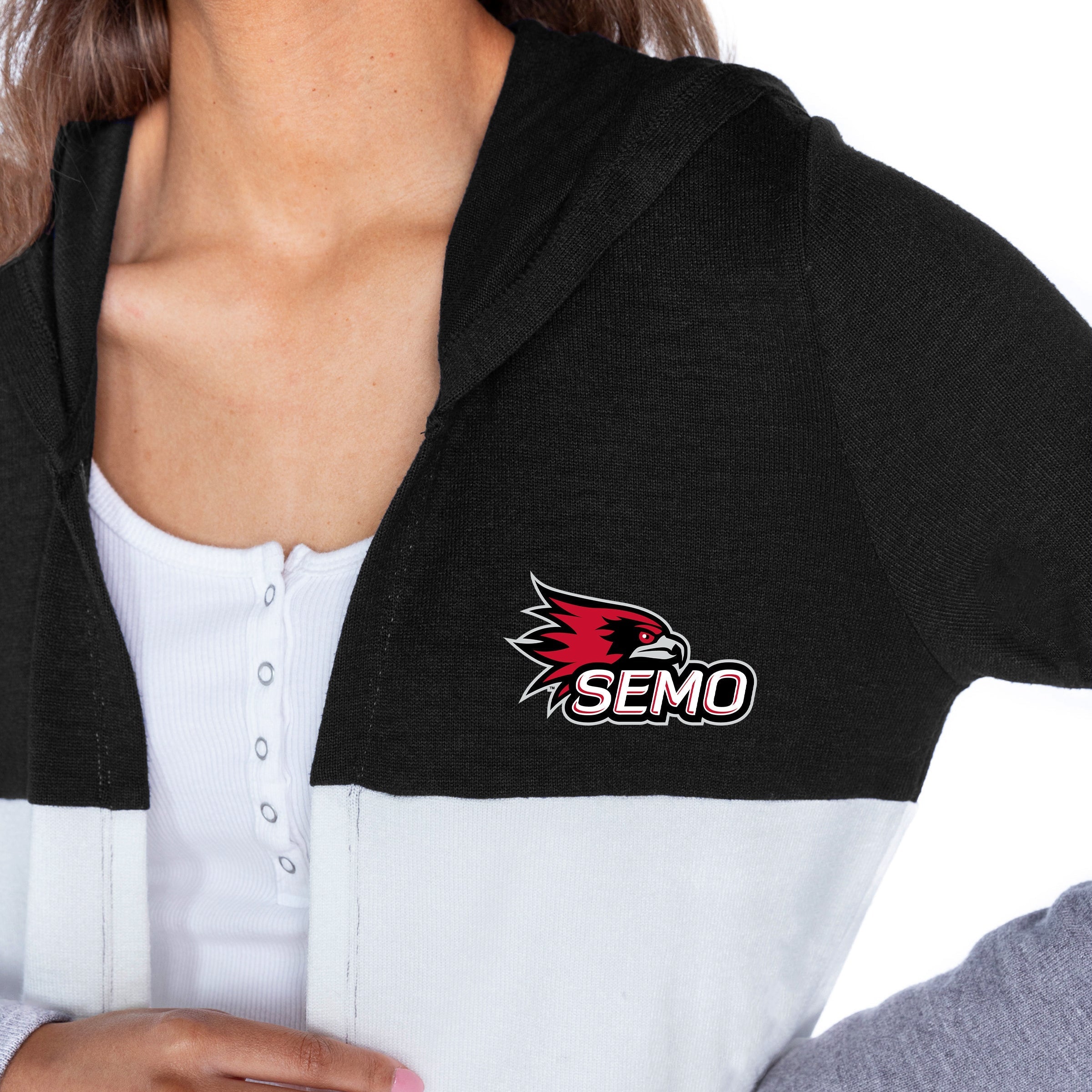 SOUTHEAST MISSOURI REDHAWKS INSIGNIA WOMEN'S LIGHTWEIGHT LONG SLEEVE HOODED CARDIGAN WITH OPEN FRONT AND BOLD COLORBLOCK DETAIL