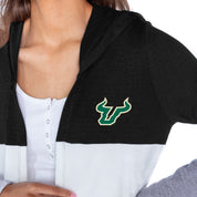 SOUTH FLORIDA BULLS INSIGNIA WOMEN'S LIGHTWEIGHT LONG SLEEVE HOODED CARDIGAN WITH OPEN FRONT AND BOLD COLORBLOCK DETAIL