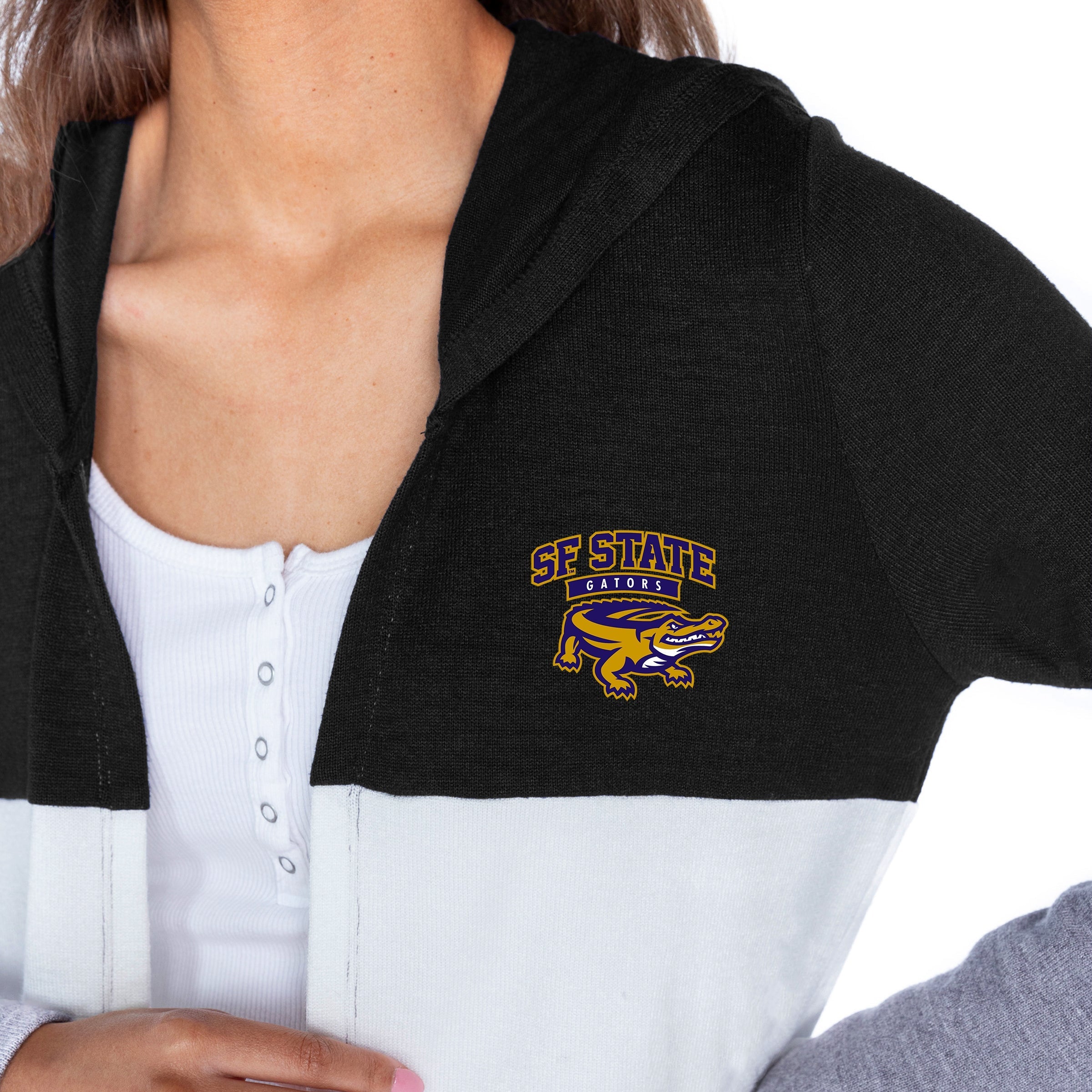 SF STATE GATORS INSIGNIA WOMEN'S LIGHTWEIGHT LONG SLEEVE HOODED CARDIGAN WITH OPEN FRONT AND BOLD COLORBLOCK DETAIL