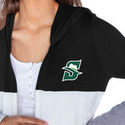 STETSON HATTERS INSIGNIA WOMEN'S LIGHTWEIGHT LONG SLEEVE HOODED CARDIGAN WITH OPEN FRONT AND BOLD COLORBLOCK DETAIL