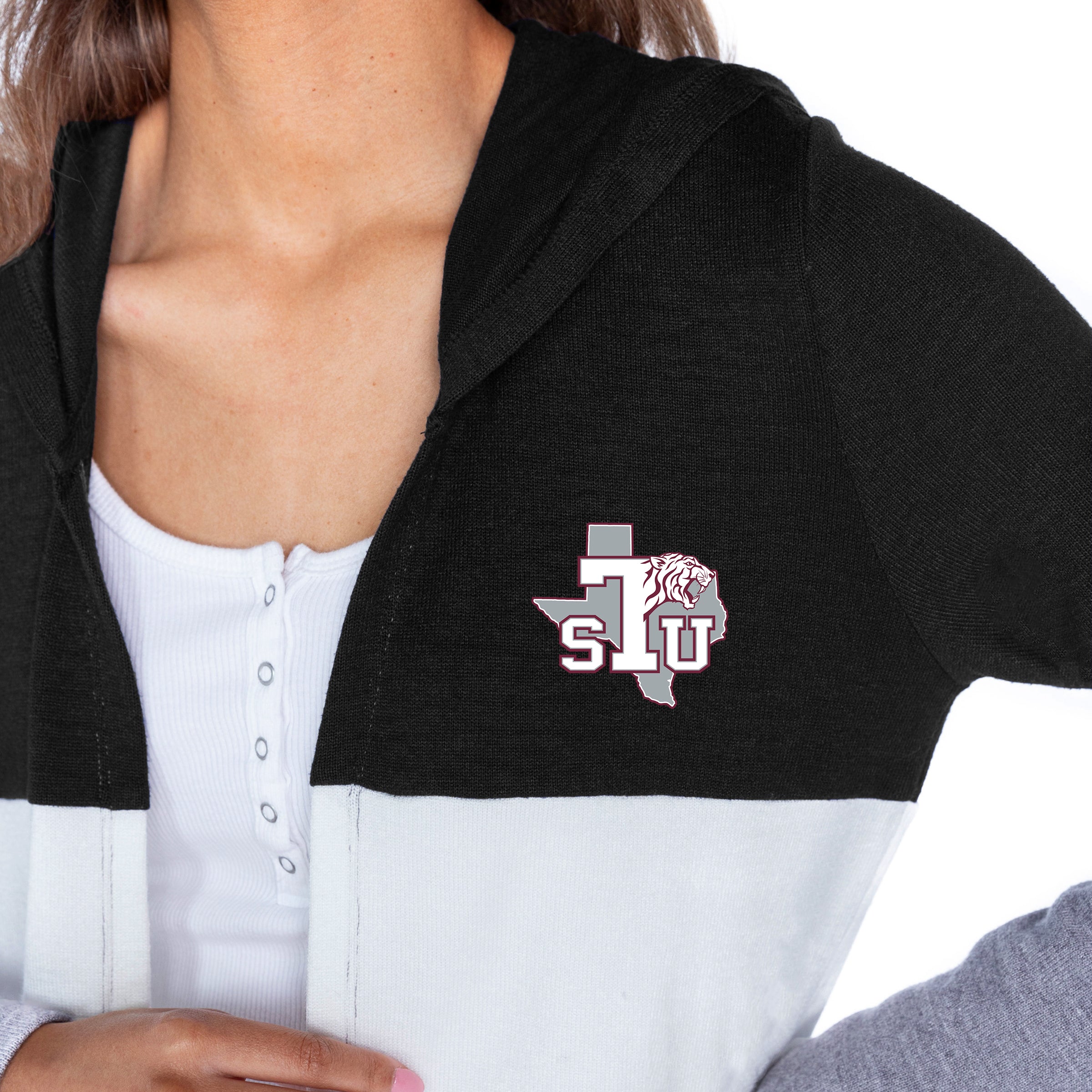 TEXAS SOUTHERN TIGERS INSIGNIA WOMEN'S LIGHTWEIGHT LONG SLEEVE HOODED CARDIGAN WITH OPEN FRONT AND BOLD COLORBLOCK DETAIL