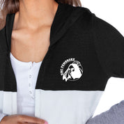 UNC AT PEMBROKE BRAVES INSIGNIA WOMEN'S LIGHTWEIGHT LONG SLEEVE HOODED CARDIGAN WITH OPEN FRONT AND BOLD COLORBLOCK DETAIL