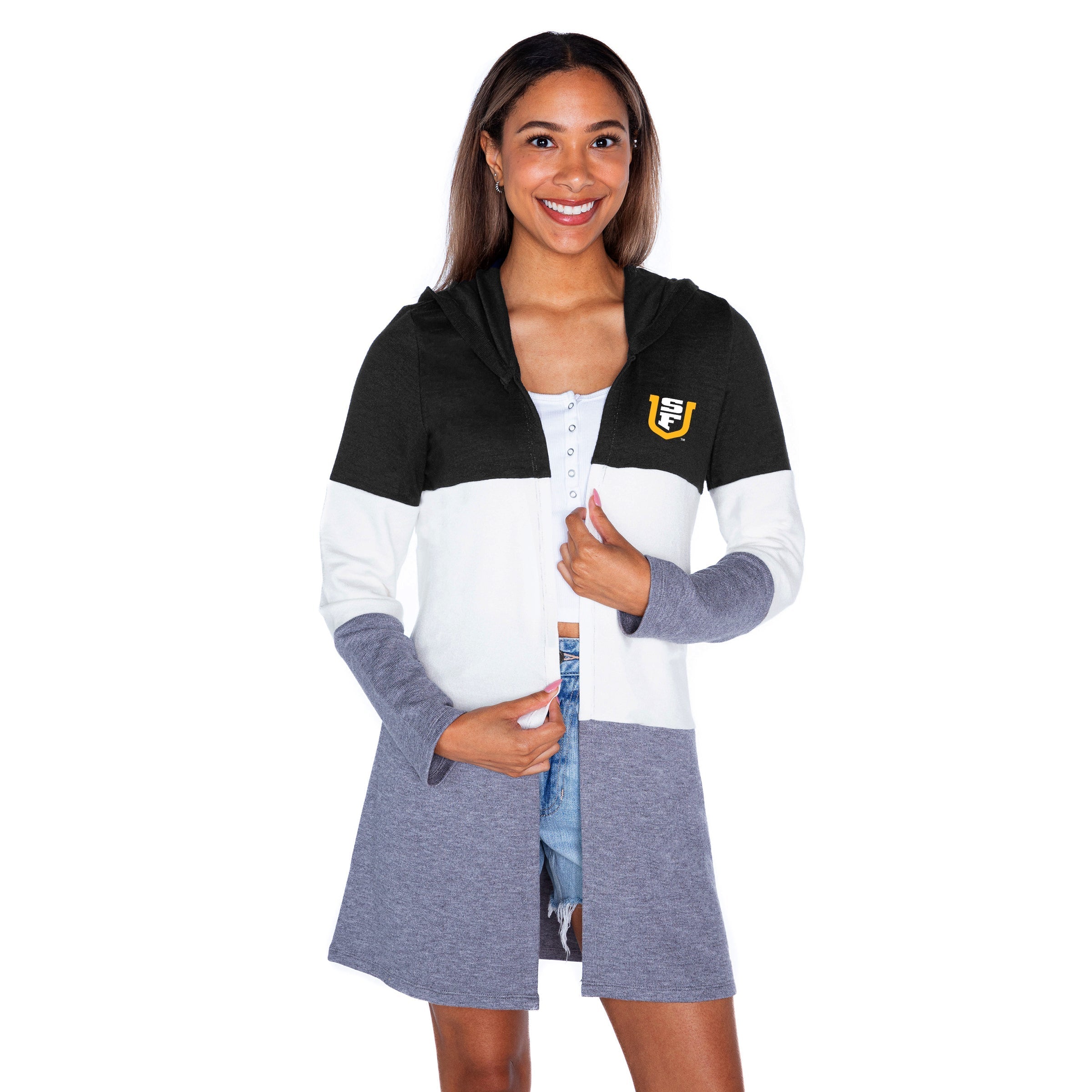 SAN FRANCISCO DONS INSIGNIA WOMEN'S LIGHTWEIGHT LONG SLEEVE HOODED CARDIGAN WITH OPEN FRONT AND BOLD COLORBLOCK DETAIL