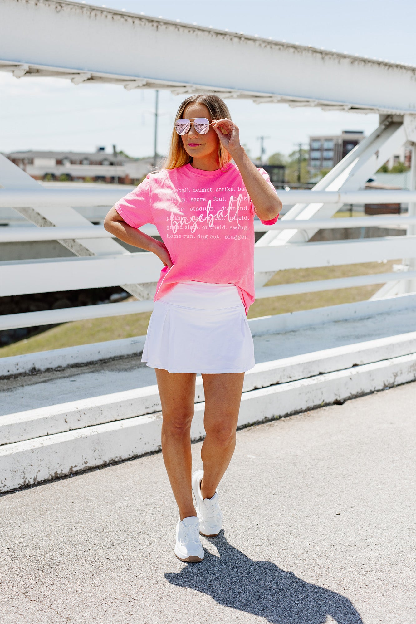 Neon Pink FAVORITE BASEBALL THINGS VINTAGE WASH BOYFRIEND TEE - Full Body View | Gameday Couture - SOHO