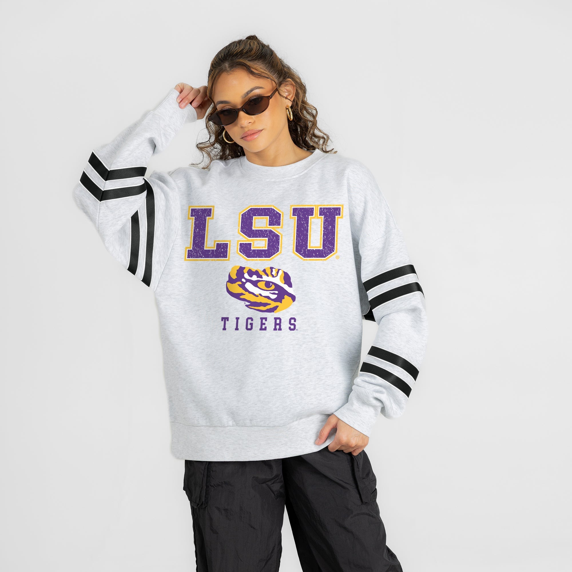 LSU TIGERS STADIUM STRIPES STRIPE SLEEVE CREWNECK SWEATSHIRT