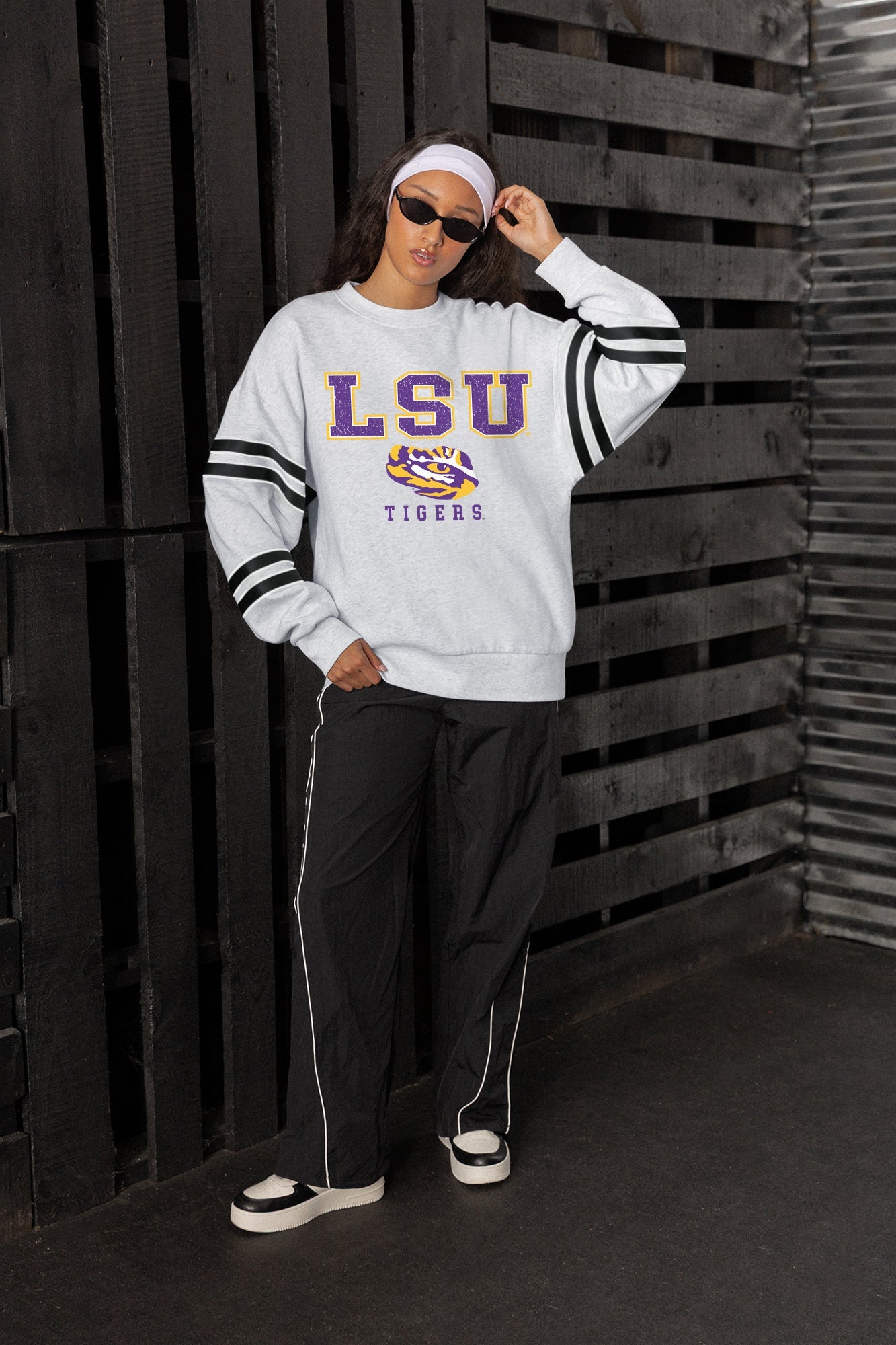 LSU TIGERS STADIUM STRIPES STRIPE SLEEVE CREWNECK SWEATSHIRT