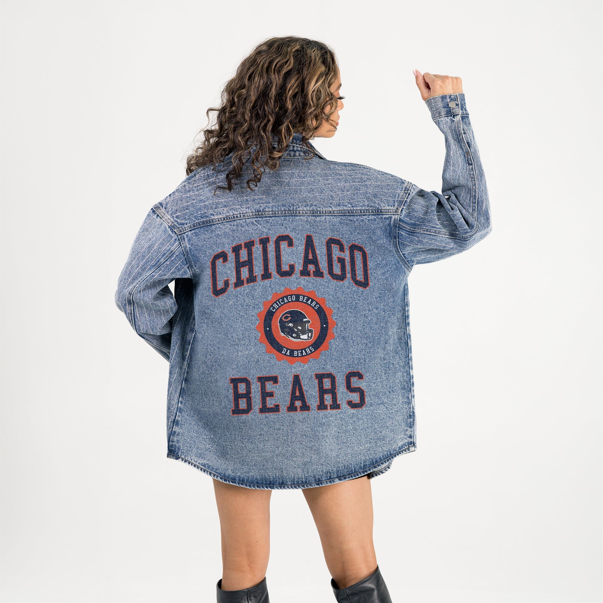 CHICAGO BEARS STYLES THE LIMIT MICRO-RHINESTONE DENIM OVERSHIRT