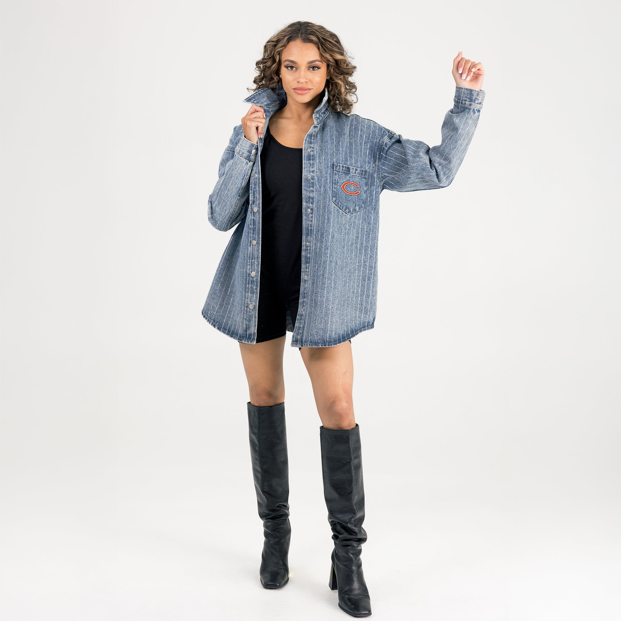 CHICAGO BEARS STYLES THE LIMIT MICRO-RHINESTONE DENIM OVERSHIRT