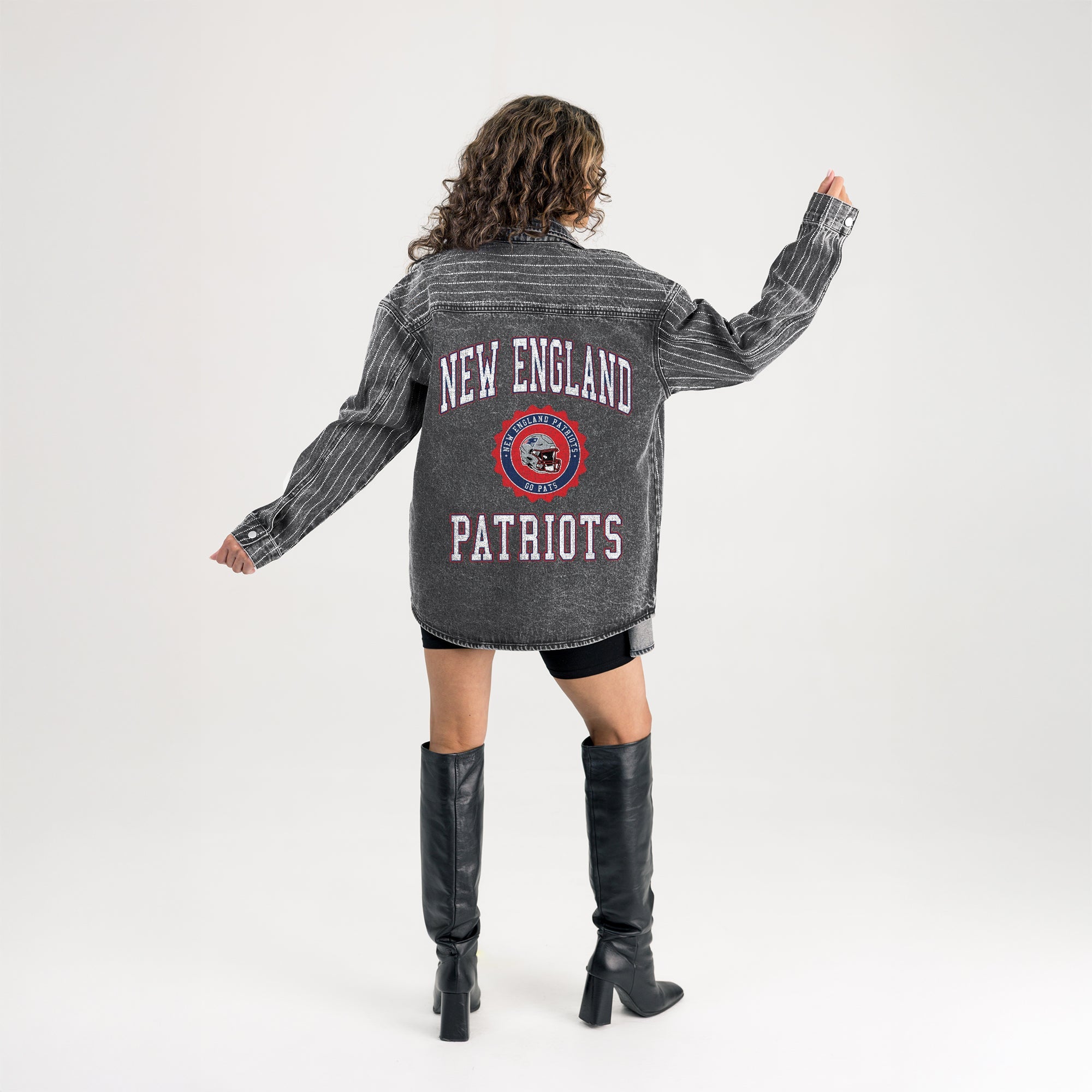 NEW ENGLAND PATRIOTS STYLES THE LIMIT MICRO-RHINESTONE DENIM OVERSHIRT IN BLACK