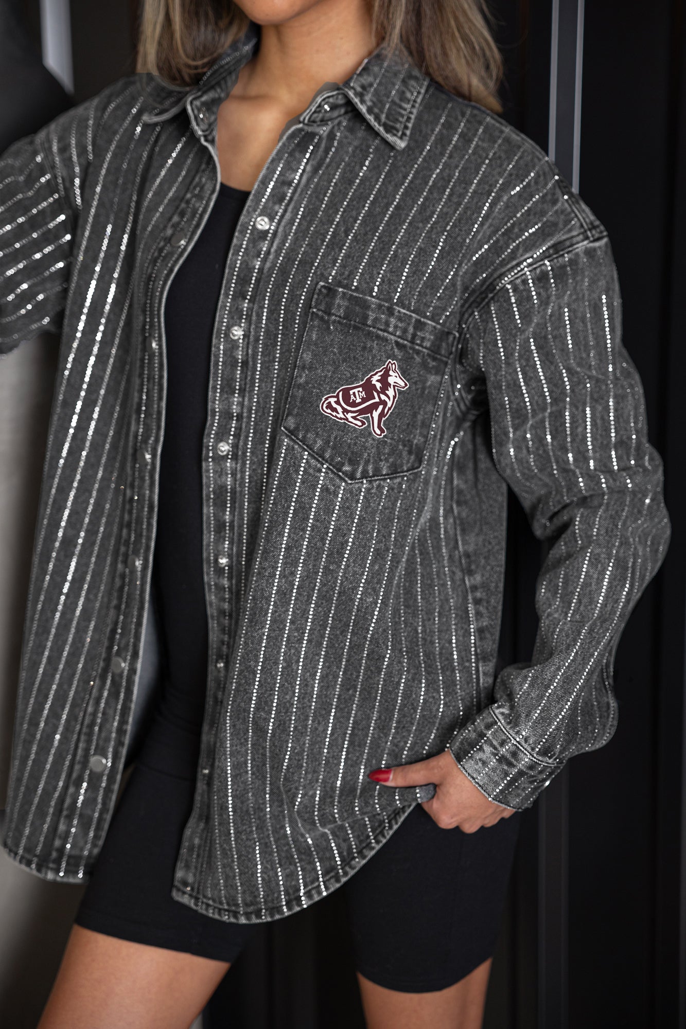 TEXAS A&M AGGIES STYLES THE LIMIT MICRO-RHINESTONE DENIM OVERSHIRT IN BLACK