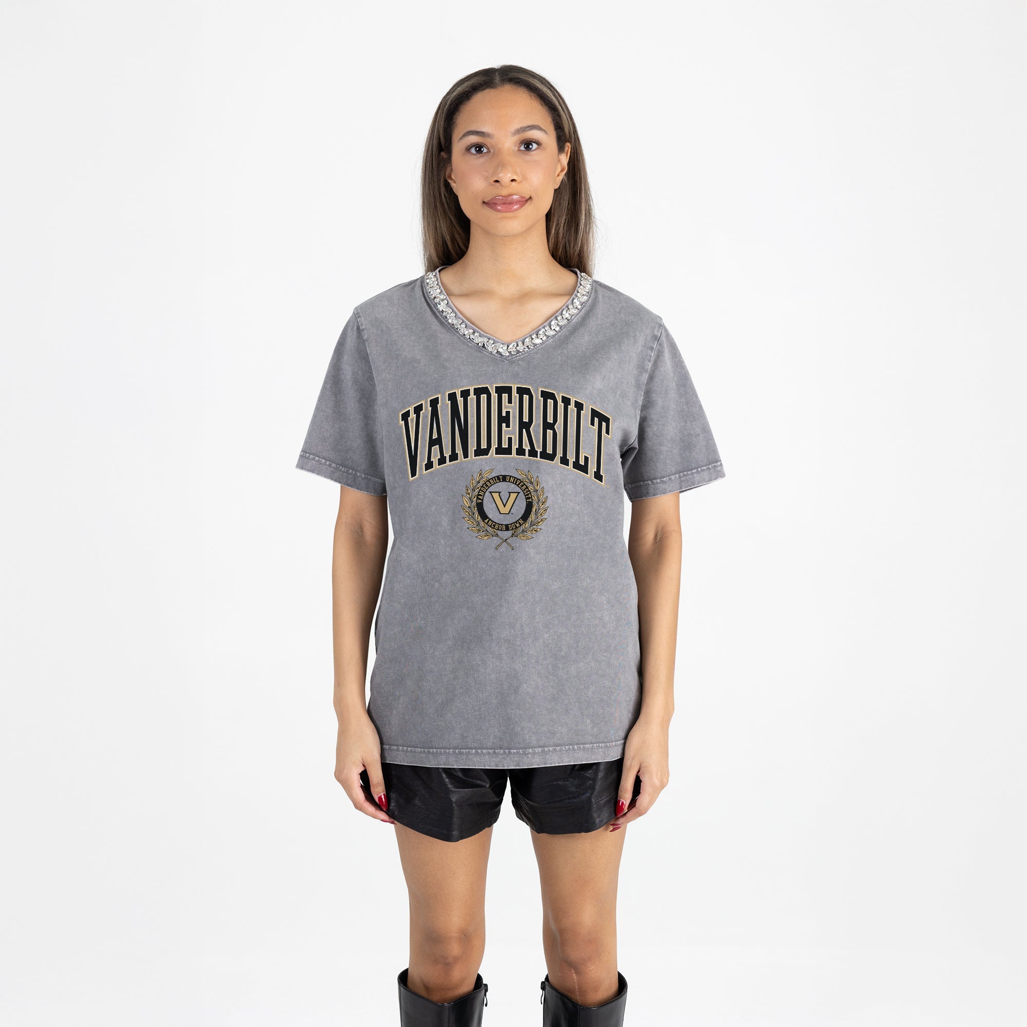 VANDERBILT COMMODORES ICONIC EDGE RHINESTONE TRIM V-NECK TEE