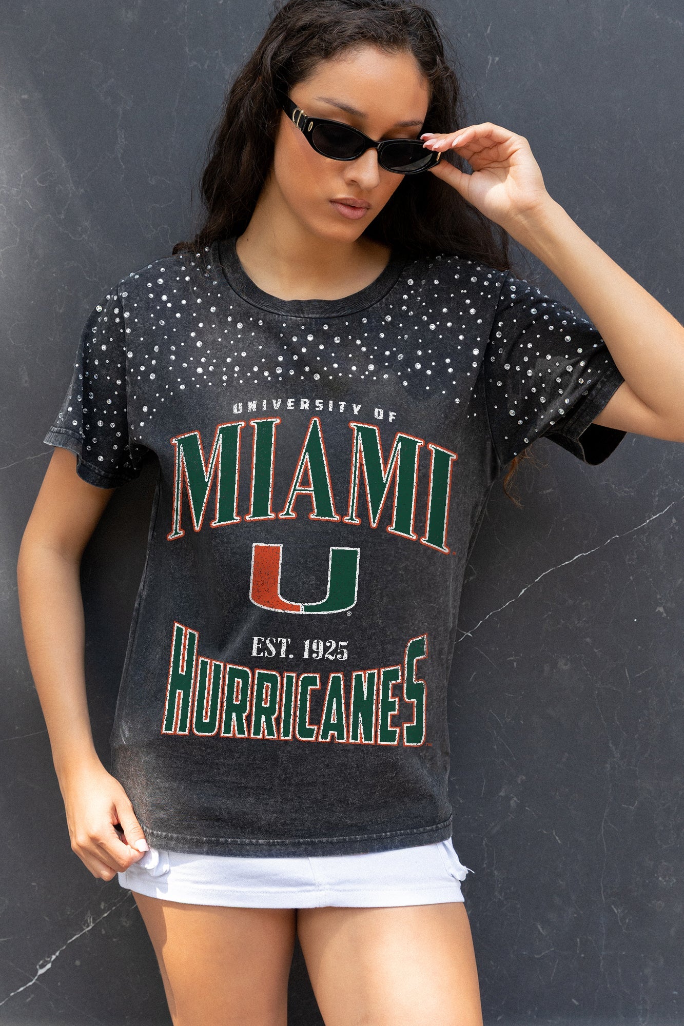 MIAMI HURRICANES IN THE ZONE VINTAGE WASH RHINESTONE TEE