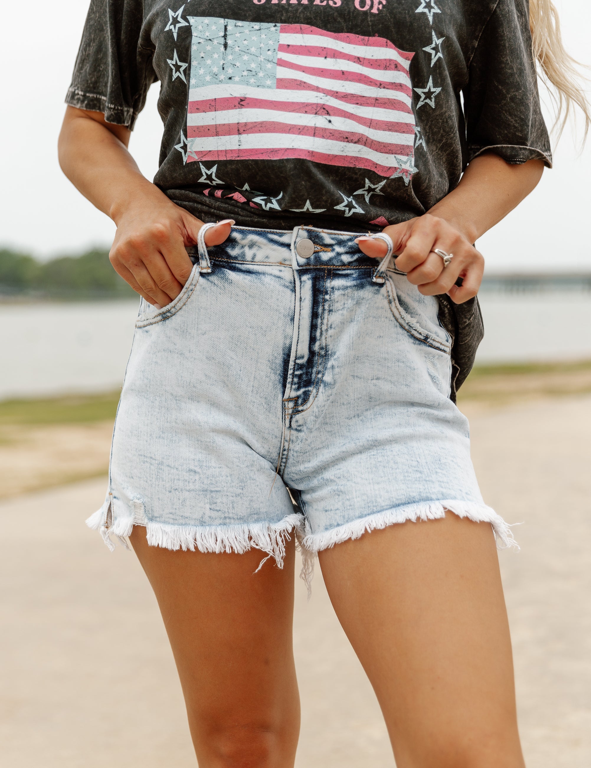 Light Blue Acid Wash Denim Shorts - On Model Styled Look | Gameday Couture - SOHO