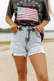 Light Blue Acid Wash Denim Shorts - On Model Styled Look | Gameday Couture - SOHO