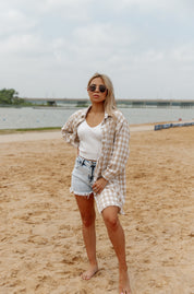 Tan Gingham CHECKING IN BUTTON DOWN TOP - Beach Casual Styling Front View | Gameday Couture - SOHO