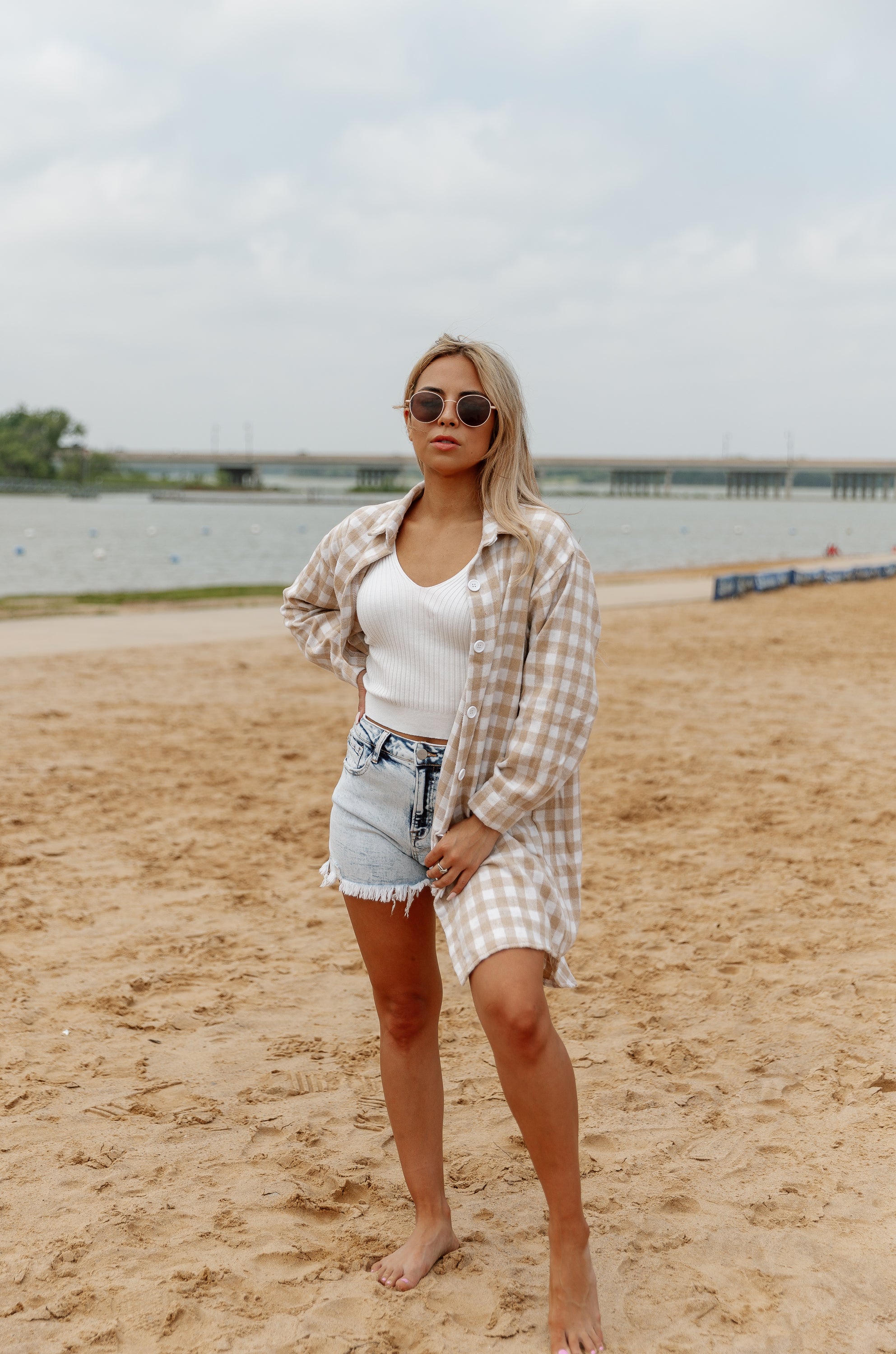 Tan Gingham CHECKING IN BUTTON DOWN TOP - Beach Casual Styling Front View | Gameday Couture - SOHO