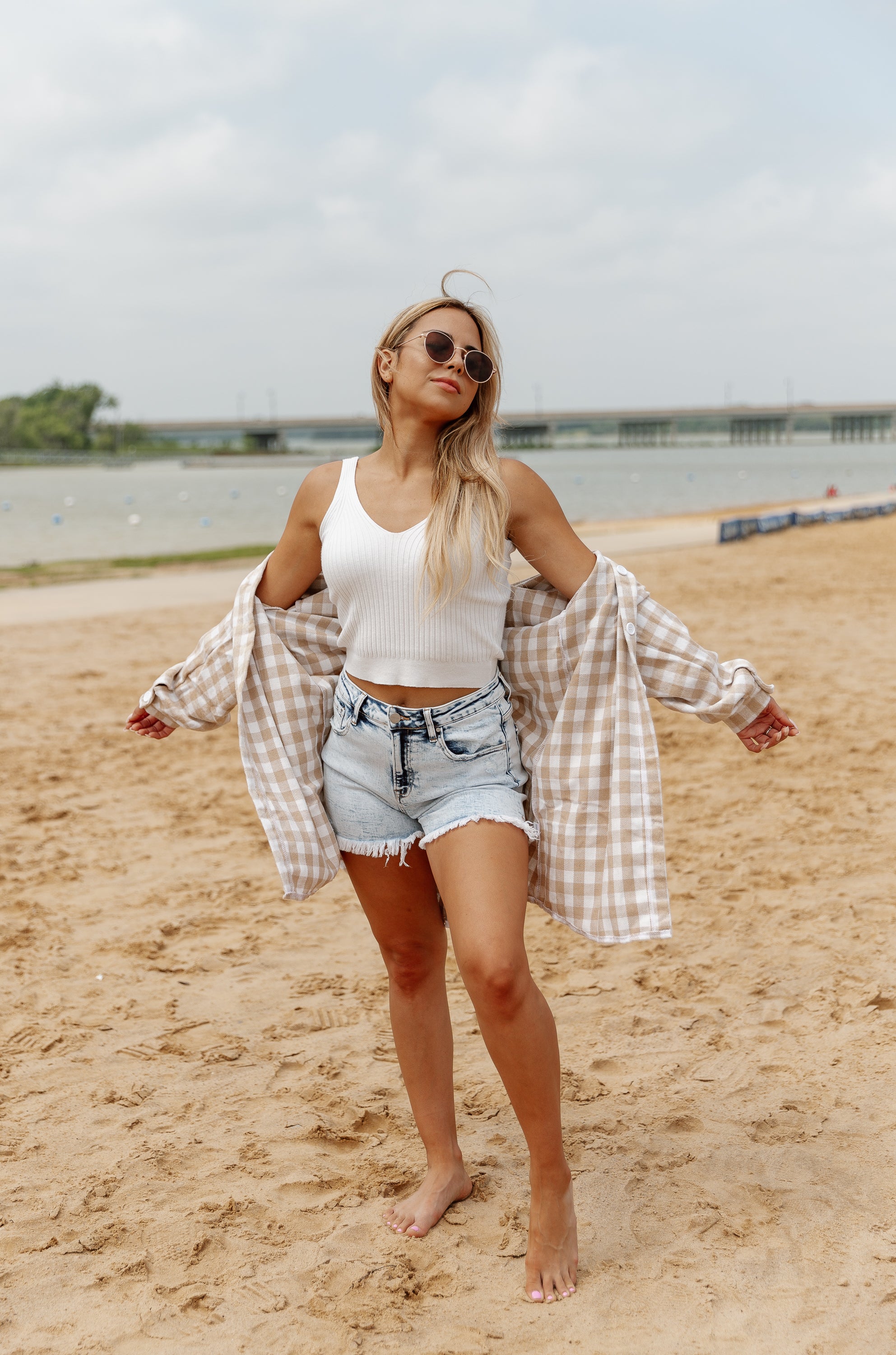 Tan Gingham CHECKING IN BUTTON DOWN TOP - Beach Styled Look Open Front | Gameday Couture - SOHO