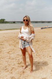 Tan Gingham CHECKING IN BUTTON DOWN TOP - Beach Lifestyle Front View | Gameday Couture - SOHO