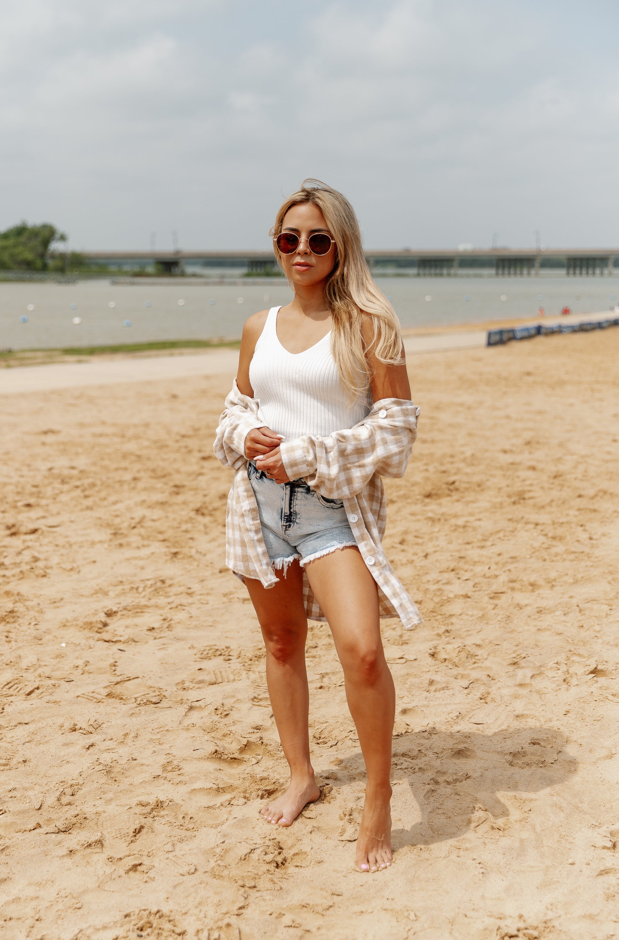 Tan Gingham CHECKING IN BUTTON DOWN TOP - Beach Lifestyle Front View | Gameday Couture - SOHO