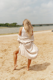 Tan Gingham CHECKING IN BUTTON DOWN TOP - Beach Lifestyle Back View | Gameday Couture - SOHO