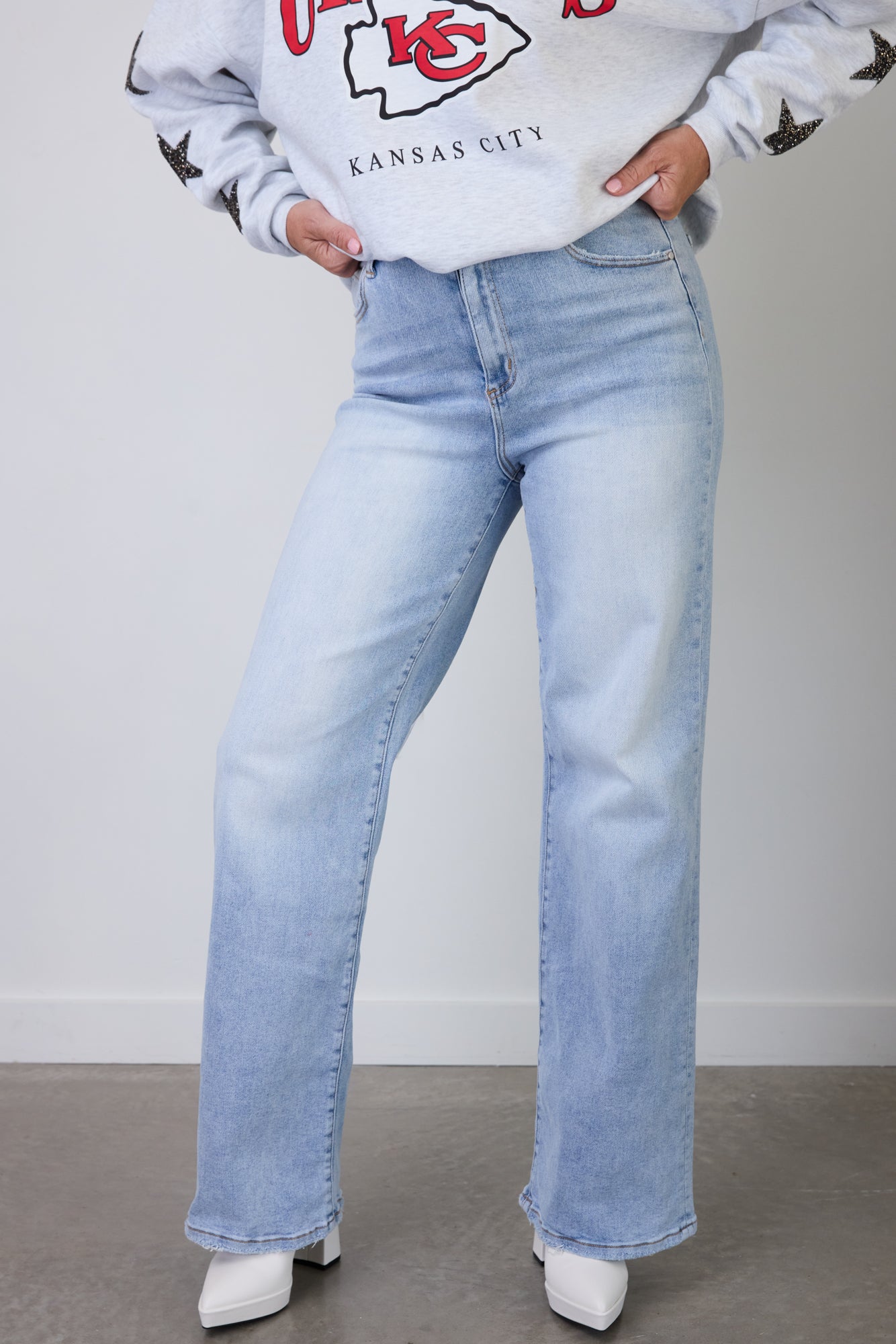 Light Blue DENIM DREAMLAND JEANS - Front View On Model | Gameday Couture - SOHO