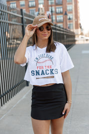 White Cotton Gameday Snacks Baseball Crop Tee - On Model Front View | Gameday Couture - SOHO