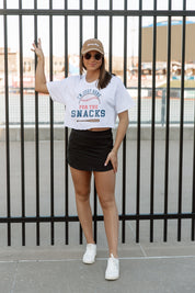 White Cotton Gameday Snacks Baseball Crop Tee - On Model Full Body | Gameday Couture - SOHO